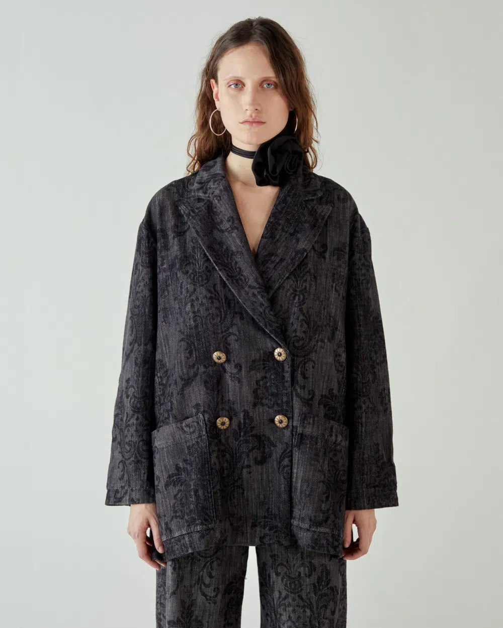 Giacca black denim over con stampa