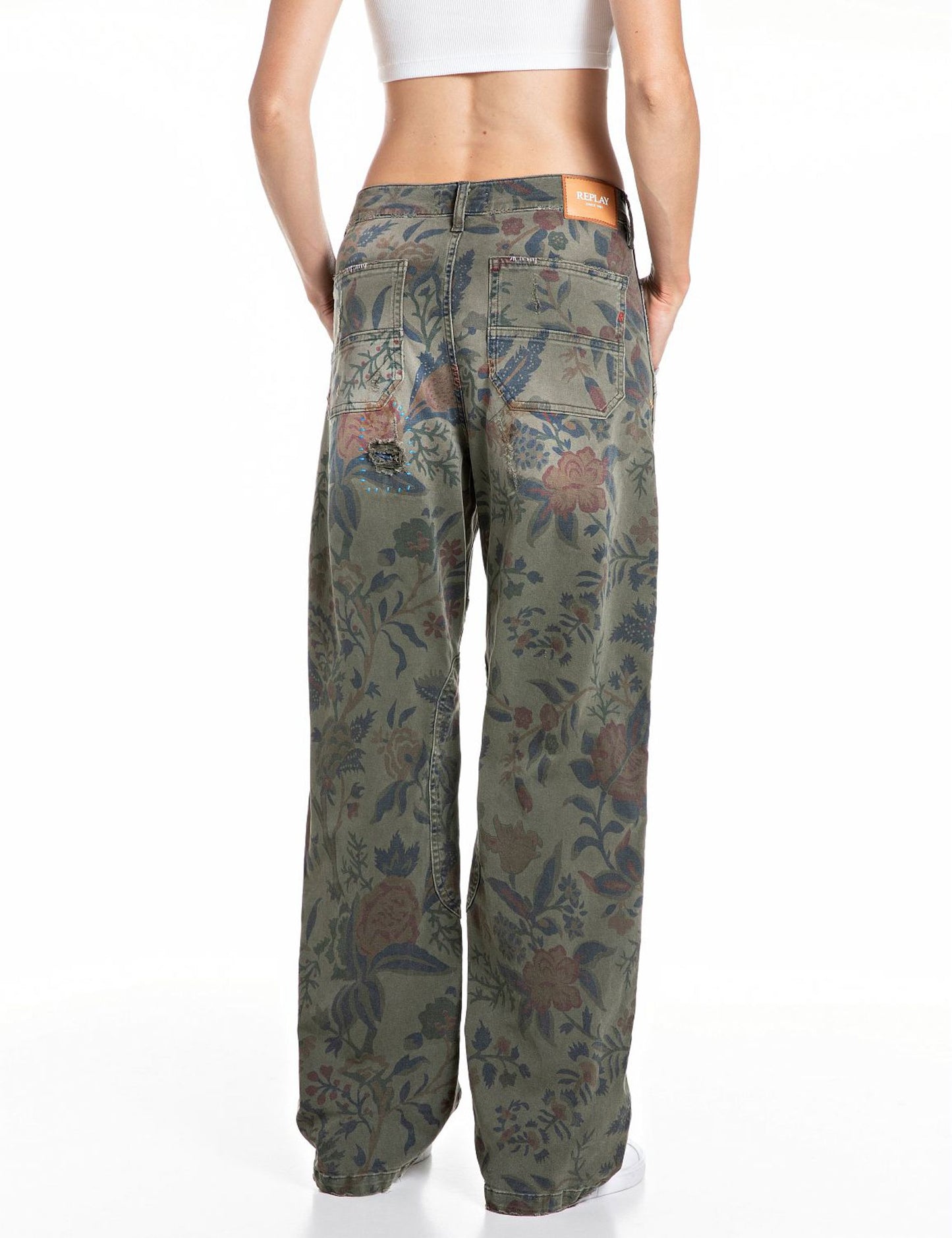 Pantaloni ricamati stampa botanica Replay