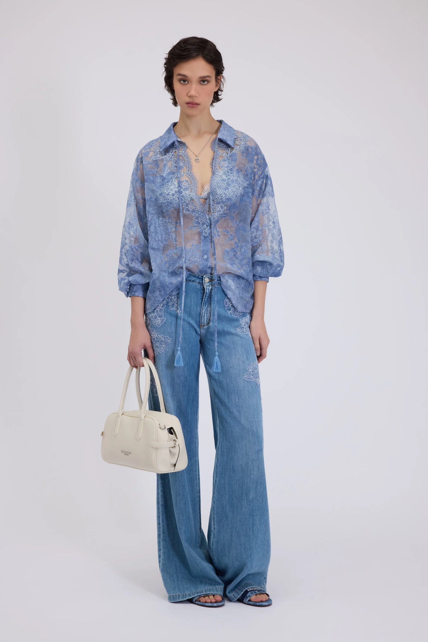 Pantalone palazzo denim e pizzo Ermanno
