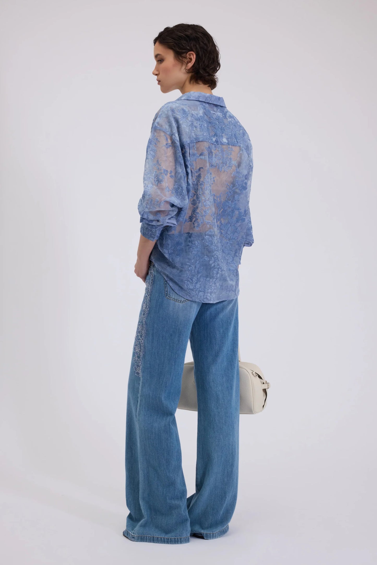 Pantalone palazzo denim e pizzo Ermanno