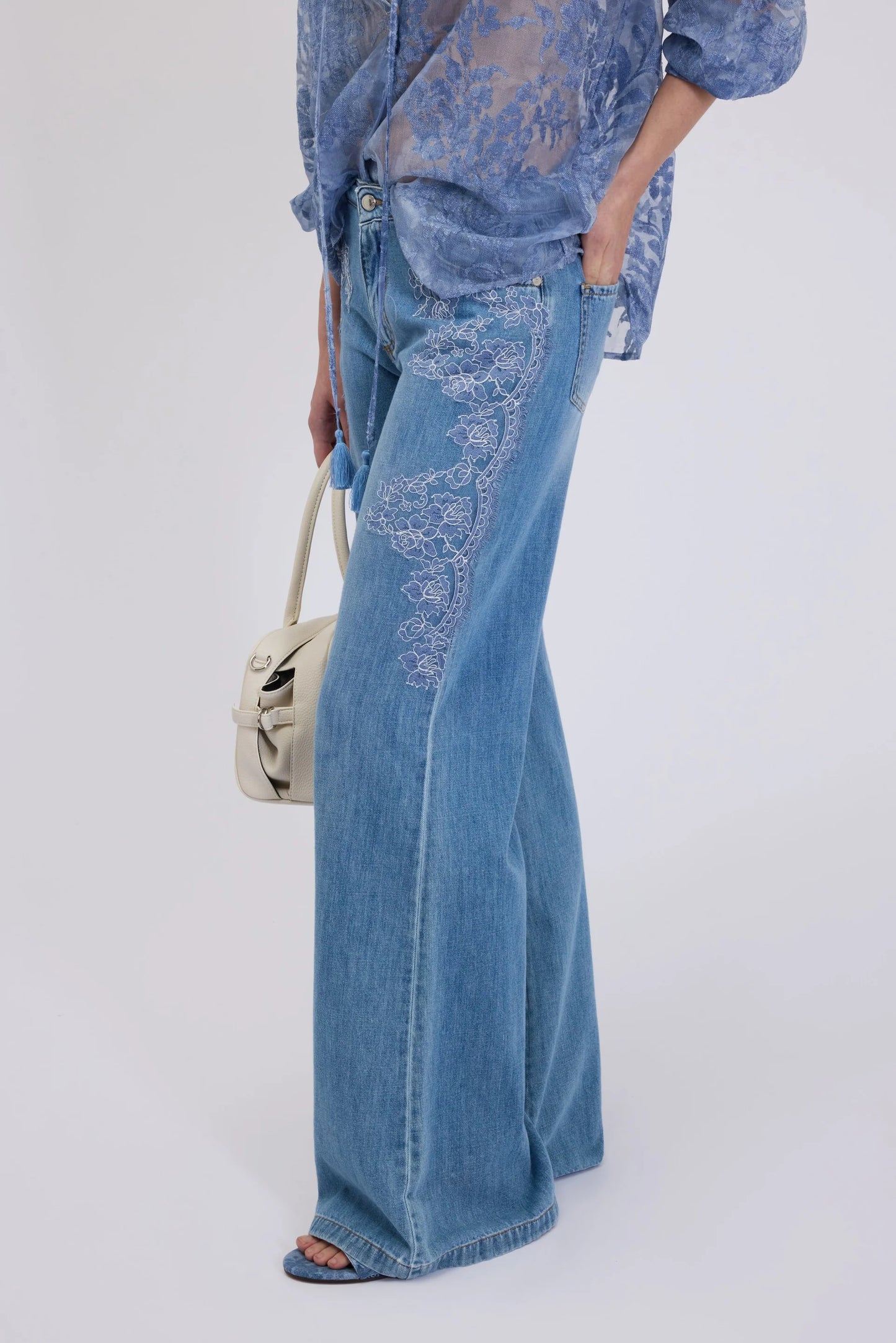 Pantalone palazzo denim e pizzo Ermanno