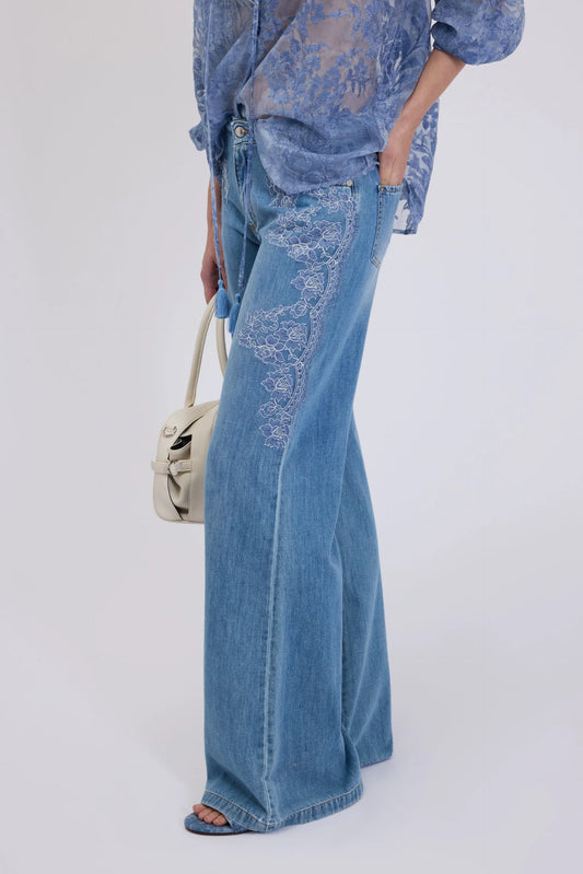 Pantalone palazzo denim e pizzo Ermanno