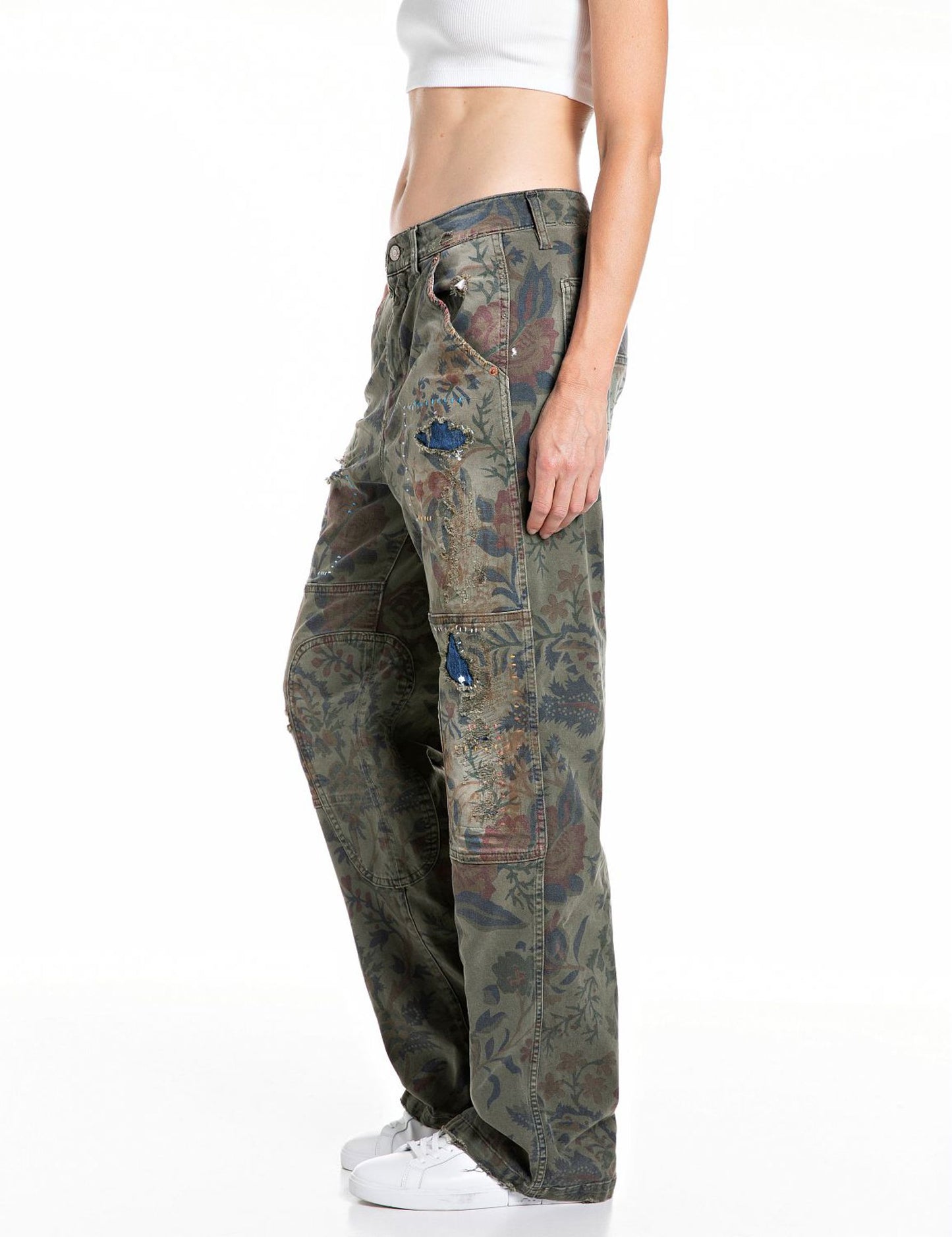 Pantaloni ricamati stampa botanica Replay