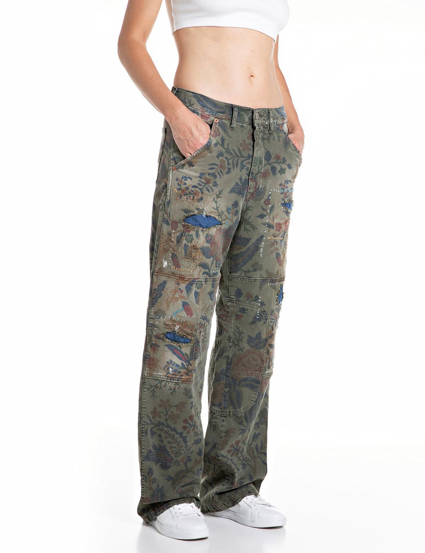 Pantaloni ricamati stampa botanica Replay
