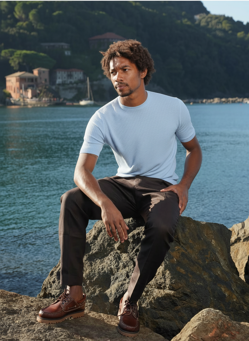 Maglia girocollo azzurro rigata Ammond