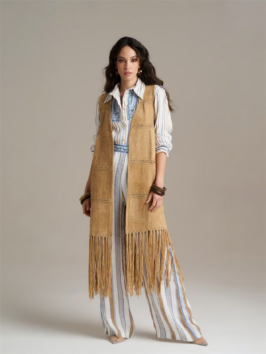 Gilet lungo con frange in eco suede