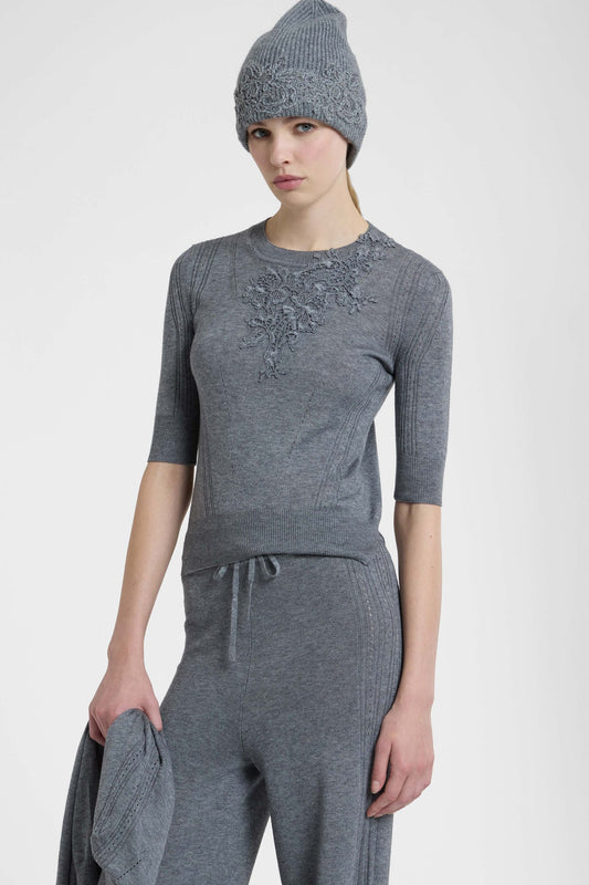 Maglia in Misto Lana Vergine con Ricamo Rebrodé