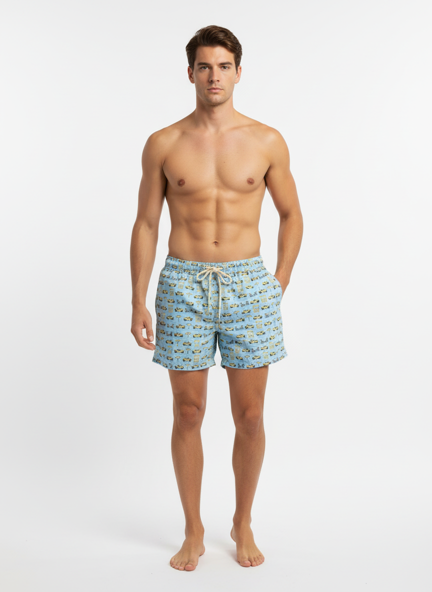 Boxer azzurro con mehari gialle Saint Barth