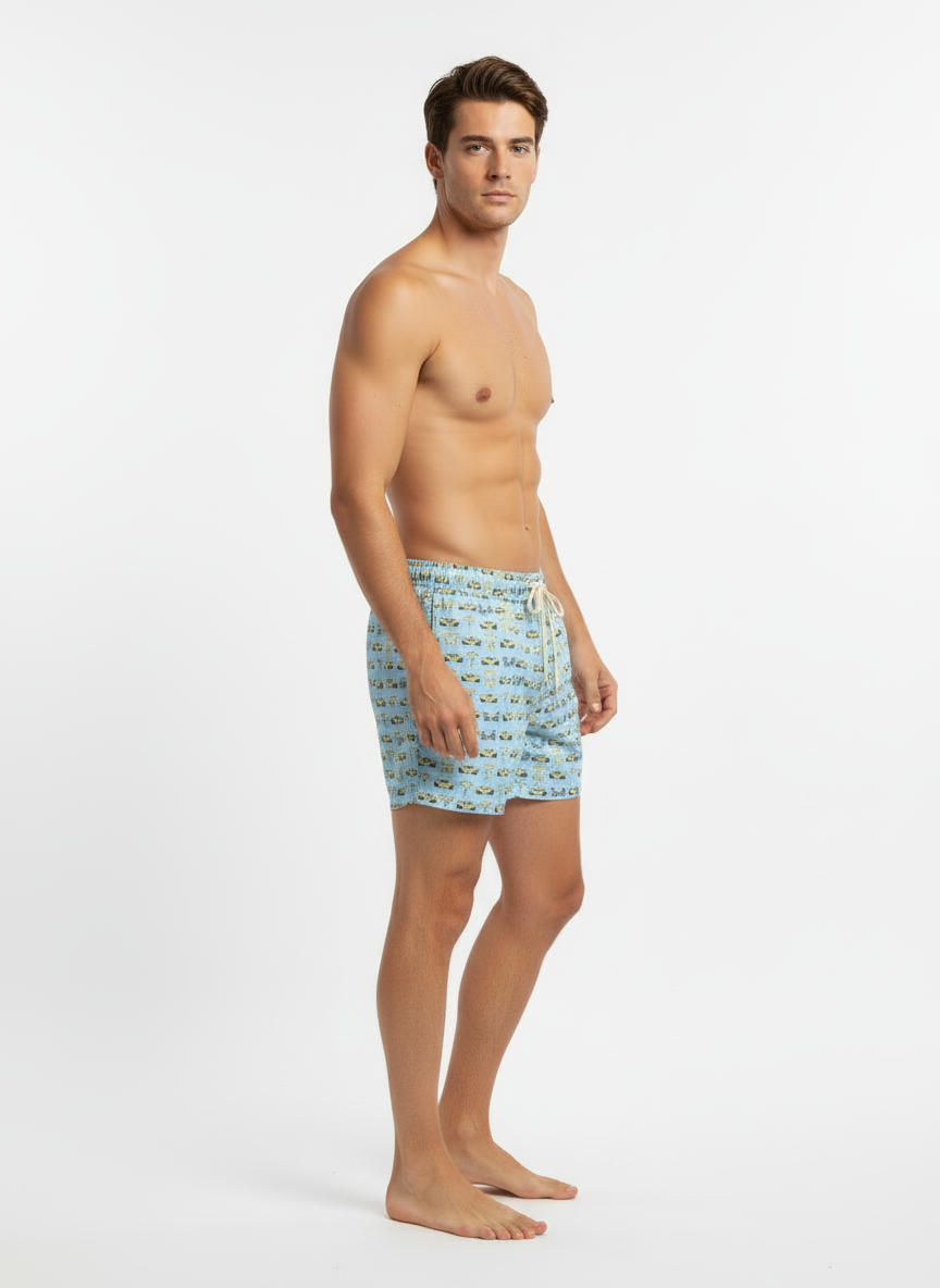 Boxer azzurro con mehari gialle Saint Barth