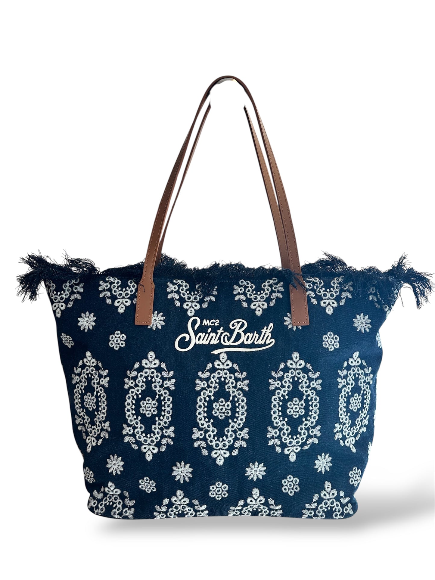 Borsa City bag Fringe big sangallo blu bianco