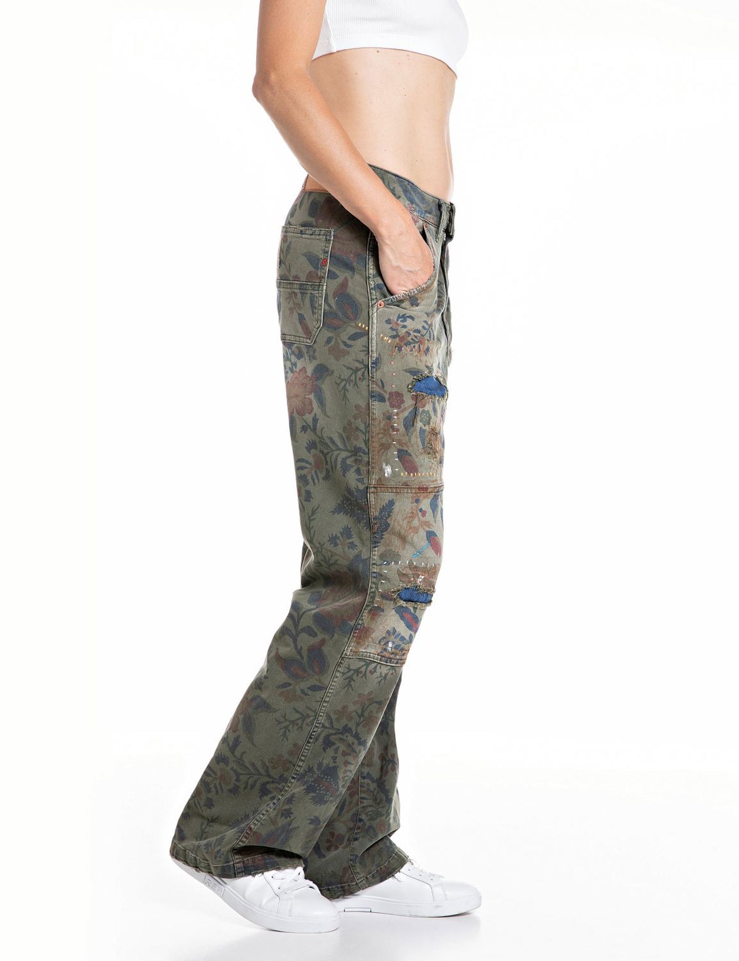 Pantaloni ricamati stampa botanica Replay