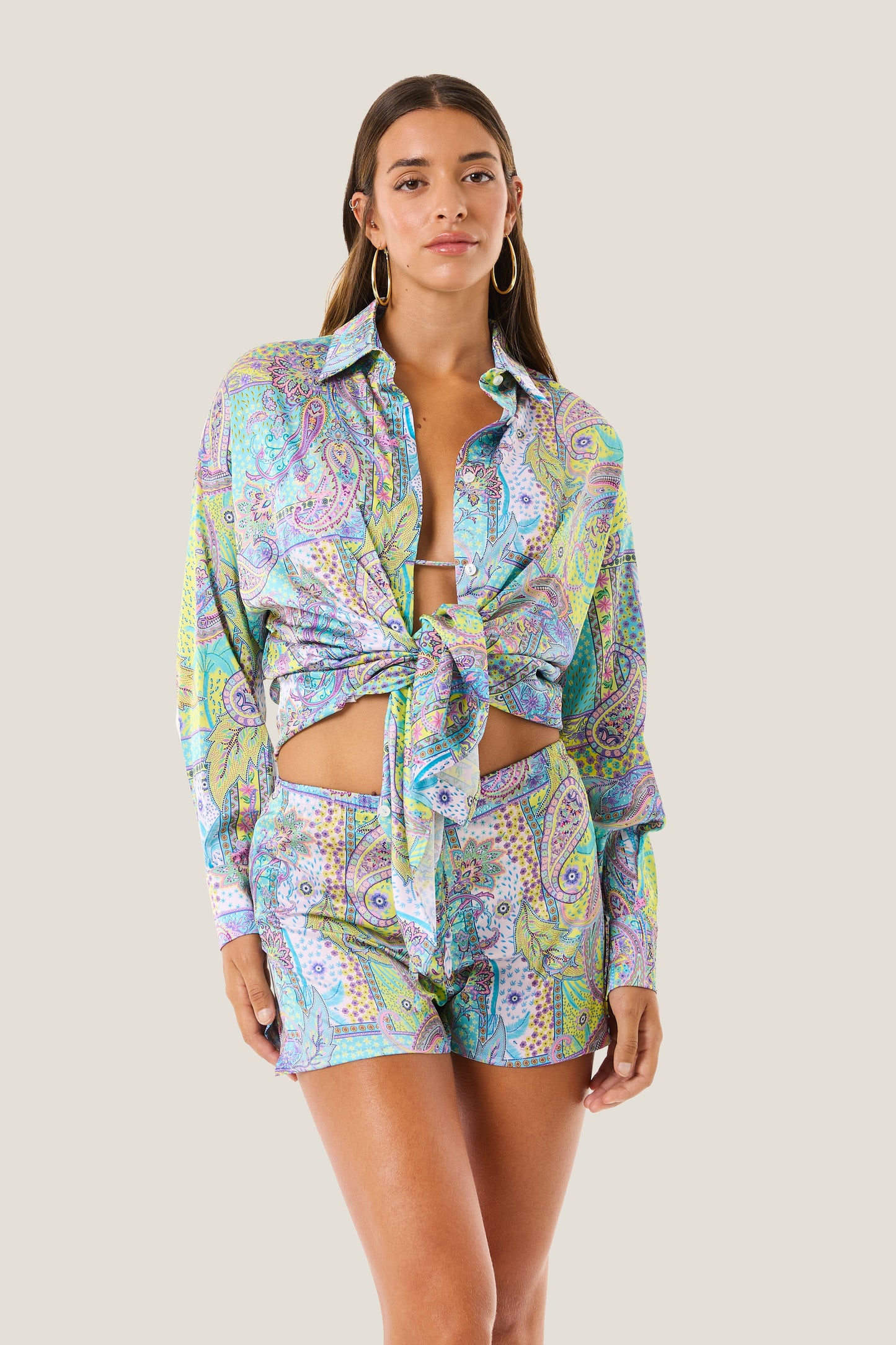 Maxi camicia in raso cachemire pastel